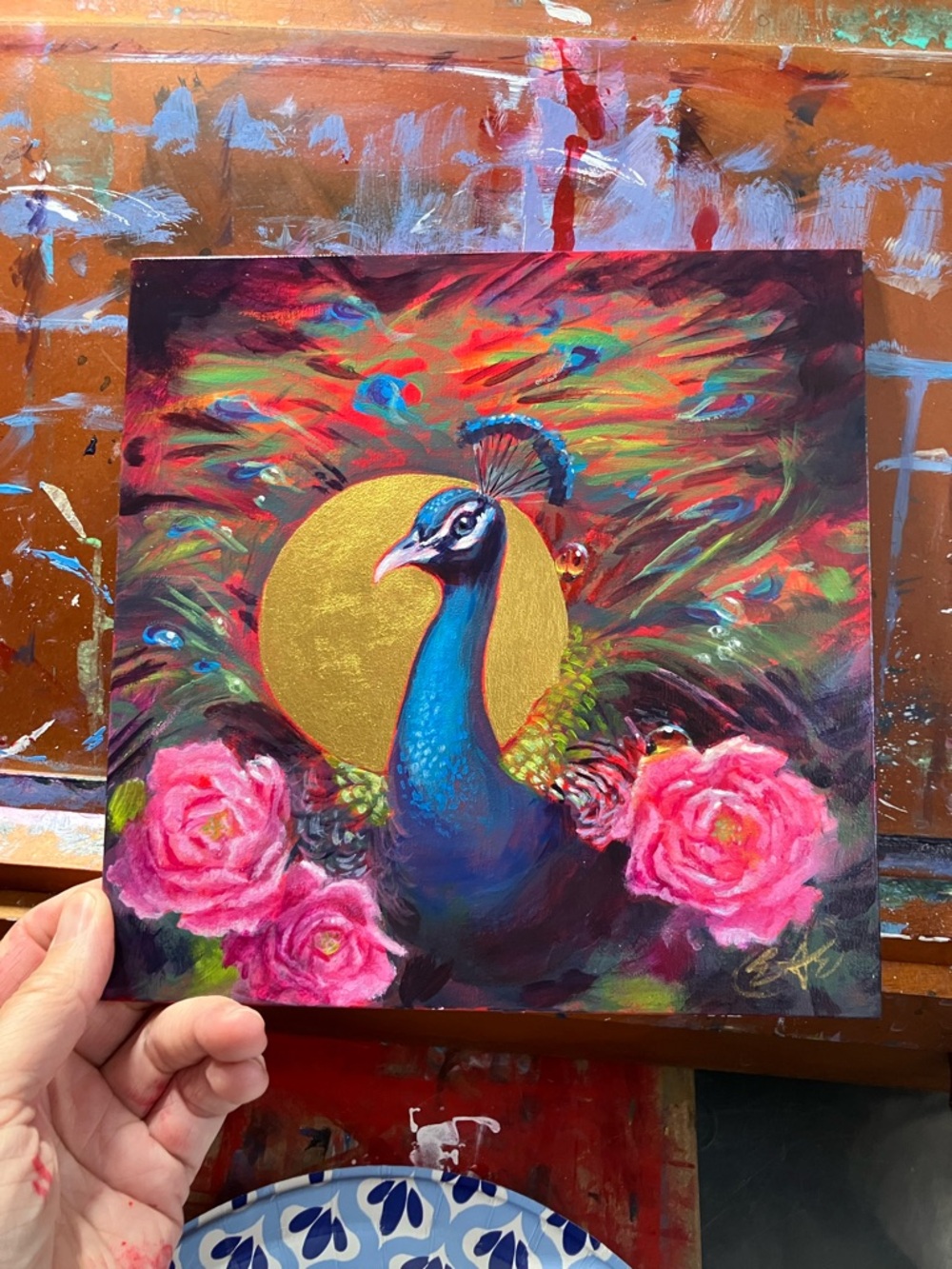 Peacock rose original painting bouquet floral still life surreal Artettina - Picture 6 of 8